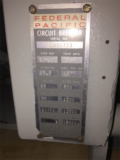 [030039] 1200 Amp, FEDERAL PACIFIC, DST-15-500, 13.8 KV, E/O, D/O, 125 VDC CL & TR: -1