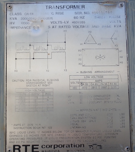[030461] 2000/2576 KVA, RTE, Pri. 12470 V, D, Sec. 480Y/277, SUBSTATION:1