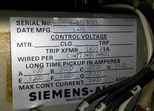 [030487] 1600 Amp, SIEMENS ALLIS, LAF1600B, 480 V., 1981, M/O, D/O, L,S,I,: -1