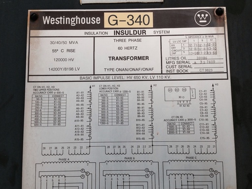 [031076] 30000/40000/50000 KVA, WESTINGHOUSE, 120000 V D, 14200Y/8198, W/LTC:1
