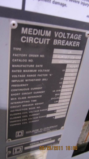 [031251] 1200 Amp, SQUARE D, VR-750, 15 KV, 1997, E/O, D/O, 250 VDC CLOSE & TRIP: -1