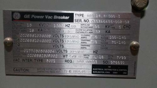 [031408] 1200 Amp, GE, VB1-14.4-500, 15 KV, E/O, D/O, 125 VDC CLOSE & TRIP, ML-18: -1
