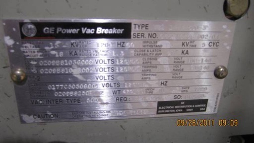 [031414] 1200 Amp, GE, VB1-14.4-500, 15 KV, E/O, D/O, 125 VDC CLOSE & TRIP, ML-18: -1