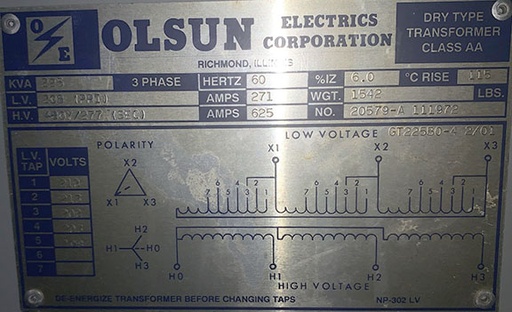 [031807] 225 KVA, OLSUN, 208 V D, 480 V Y, 2001, UNUSED, INDOOR, DRY, UL LISTED: -1