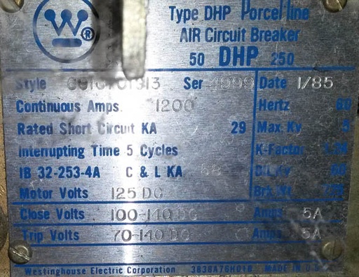 [031947] 1200 Amp, WESTINGHOUSE, 50DHP250, 4160 V., 125 V DC, CLOSE & TRIP - 1