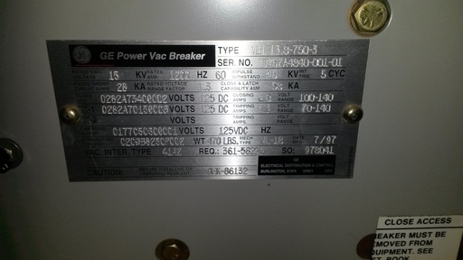 [032102] 1200 Amp, GE, VB1-13.8-750-3, 13.8 KV, 1997, E/O, D/O, 125 VDC CLOSE & TRIP: -1
