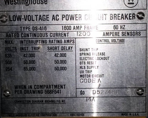 [032232] 1600 Amp, WESTINGHOUSE, DS416, 480 V., M/O, D/O, WITH AMPTECTOR L,S,I: -1