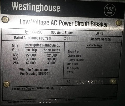 [032422] 800 Amp, WESTINGHOUSE, DS206, 480 V., M/O, D/O, AMPTECTOR II, L,S: -1