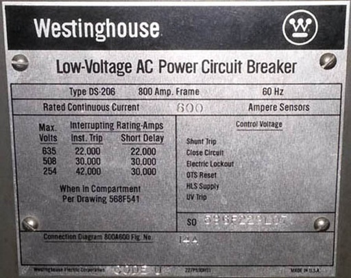[032423] 800 Amp, WESTINGHOUSE, DS206, 480 V., M/O, D/O, AMPTECTOR II, L,I TRIPS: -1