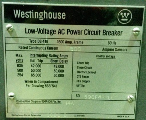 [032425] 1600 Amp, WESTINGHOUSE, DS416, 480 V., M/O, D/O, AMPTECTOR LI: -1