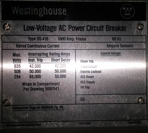 [032426] 1600 Amp, WESTINGHOUSE, DS416, 480 V., M/O, D/O, AMPTECTOR II, L,S: -1