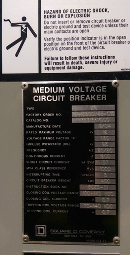 [032510] 1200 Amp, SQUARE D, VR 1000 MVA, 15 KV, 2004, E/O, D/O, 125 VDC CLOSE & TRIP: -1