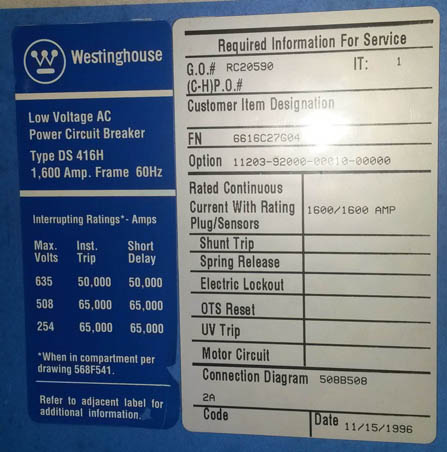 [032527] 1600 Amp, POWERCON, DS-416H, 480 V., M/O, D/O, DIGITRIP 510LS, STATIC TRIPS