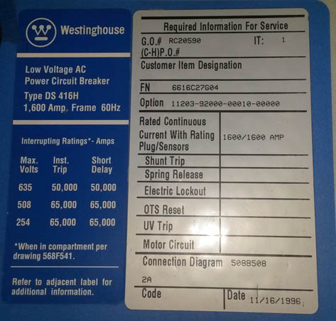 [032529] 1600 Amp, POWERCON, DS-416H, 480 V., M/O, D/O, DIGITRIP 510LS,