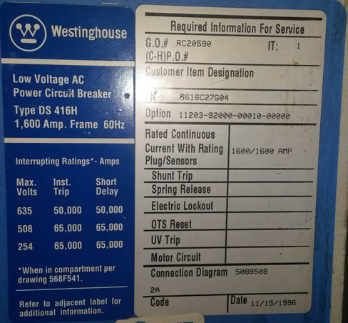 [032531] 1600 Amp, POWERCON, DS-416H, 480 V., M/O, D/O, DIGITRIP 510LS: -1