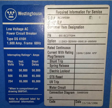 [032533] 1600 Amp, POWERTRON, DS416H, 480 V., M/O, D/O, DIGITRIP 510LS: -1
