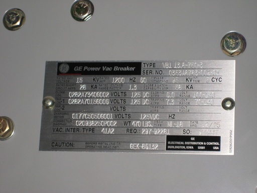 [032582] 1200 Amp, GE, VB1-13.8-750-3, 15 KV, 1995, 125 VDC CL. & TRIP, 58 KA CL. & LATCH