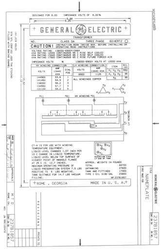[033086] 12000/13440 KVA, Pri 138000 D, Sec 6900Y/3983, GE, SUBSTATION: 1