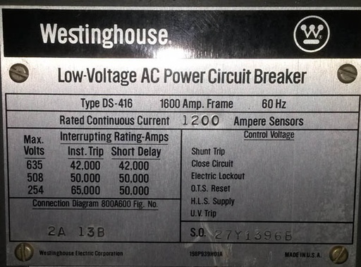[033293] 1600 Amp, WESTINGHOUSE, DSL-416, 480 V.,MANUALLY OPERATED, DRAWOUT;-1