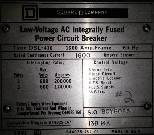 [033295] 1600 Amp, WESTINGHOUSE, DSL-416, 480 V.,MANUALLY OPERATED, DRAWOUT;-1