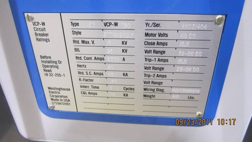 [033519] 2000 Amp, WESTINGHOUSE, 150VCP-W-750, 15 KV,48 VDC CLOSE & TRIP