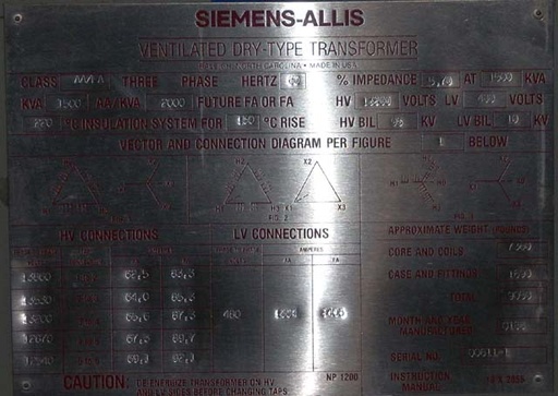 [033792] 1500/2000 KVA, Pri 13200 D, Sec 480Y/277, SIEMENS, DRY TYPE, INDOOR:1