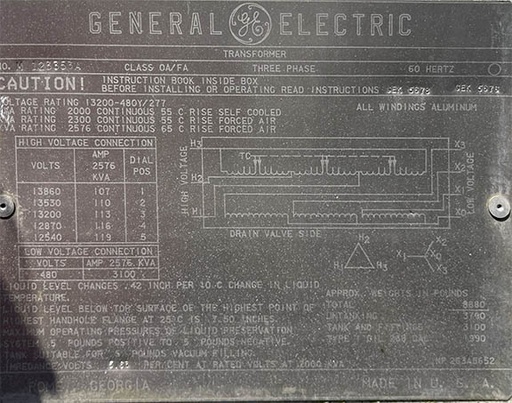 [033912] 2000/2300/2576 KVA, Pri 13200 D, Sec 480Y/277, GENERAL ELECTRIC, SUBTATION