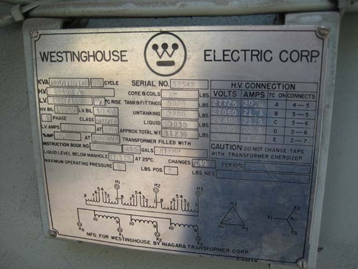 [034126] 1000/1400 KVA, Pri 26400 D, Sec 208Y/120, WESTINGHOUSE, SUBSTATION, R-TEMP:1