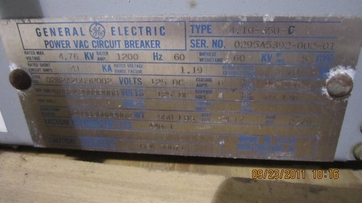 [034232] 1200 Amp, GENERAL ELECTRIC, VB4.16-350-0, 5000 V.,EO/DO,125VDC CLOSE &TRIP;
