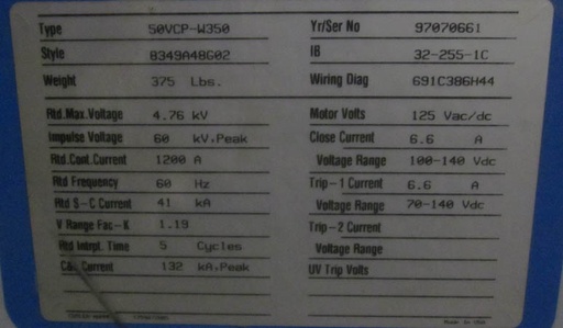 [034487] 1200 Amp, CUTLER HAMMER, 50VCP-W-350, 5000 V., 1997, EO/DO, 125VDC C&T;