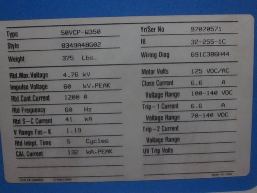 [034488] 1200 Amp, CUTLER HAMMER, 50VCP-W-350, 5000 V., 1997, EO/DO, 125VDC C&T;