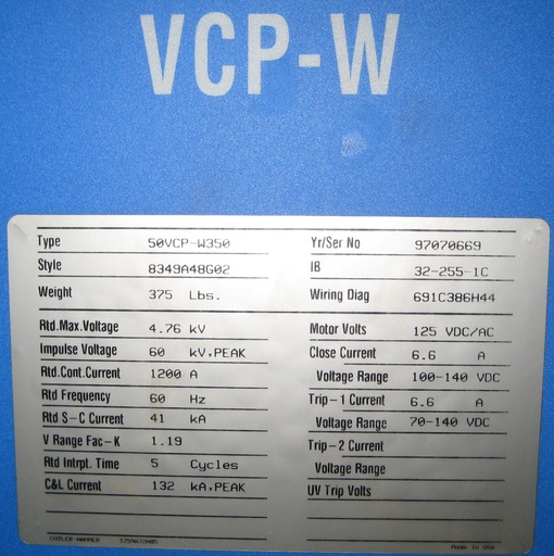 [034506] 1200 Amp, CUTLER HAMMER, 50VCP-W-350, 5000 V., 1997, EO/DO, 125VDC C&T;
