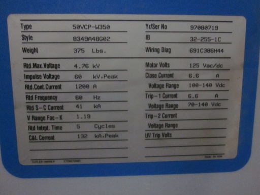 [034509] 1200 Amp, CUTLER HAMMER, 50VCP-W-350, 4160 V., 1997, EO/DO, 125VDC C&T;