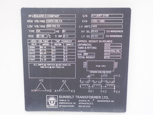 [034619] 1500/1680 KVA, Pri 12470 D, Sec 600 D, SQUARE D, SUBSTATION, COPPER:1
