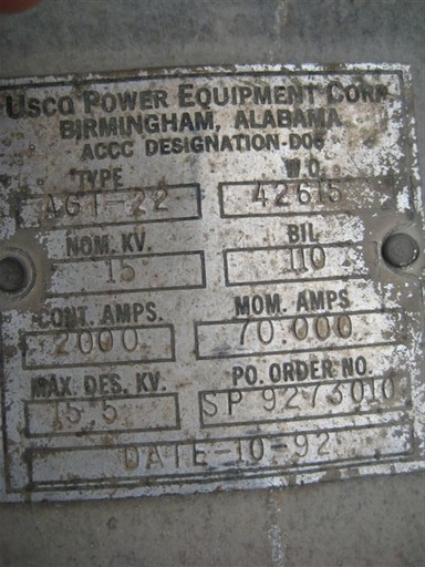 [034729] 2000 Amp, USCO, AGT, 15000 V., HORIZONTAL MOUNT, VERTICAL BREAK, GOAB:1