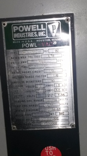 [034789] 2000 Amp, POWELL, 5PV 350-1, 4160 V.,E/O VACUUM BREAKER