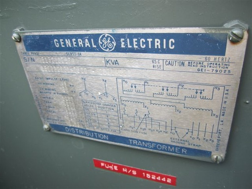 [034890] 175 KVA, Pri 13200Y/7620, Sec 120 D, GENERAL ELECTRIC, LIVE FRONT/LOOP FEED:1