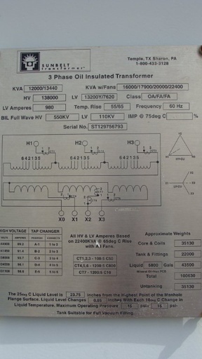 [035349] 12000/20000 KVA, Pri 138000 D, Sec 13200Y/7620, SUNBELT, SUBSTATION:1