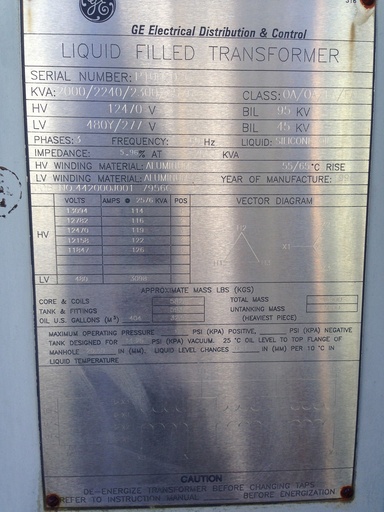 [035363] 2000/2240/2300/2516 KVA, Pri 12470 D, Sec 480Y/277, GE, SILICONE, ALUMINUM, SUB