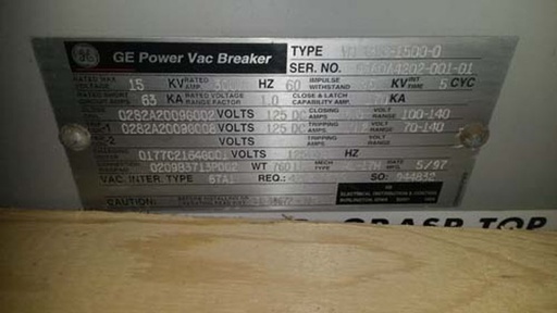 [035421] 3000 Amp, GENERAL ELECTRIC, VB13.8-1500-0, 13.8 KV, 125 VDC C & T, E/O, D/O:1