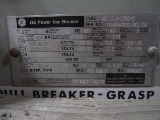 [035422] 3000 Amp, GENERAL ELECTRIC, VB13.8-1500-0, 13.8 KV, 125 VDC C & T, E/O, D/O:1