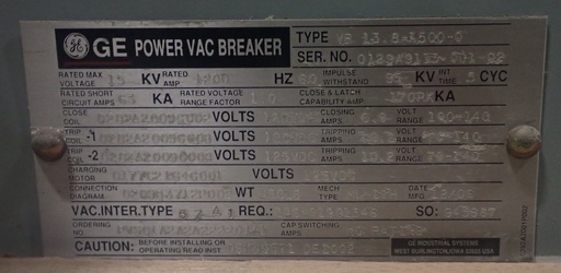 [035425] 1200 Amp, GENERAL ELECTRIC, VB13.8-1500-0, 13.8 KV, 125 VDC C & T, E/O, D/O:1