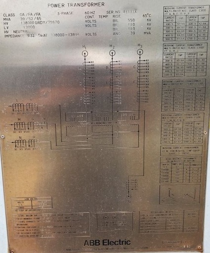 [035446] 39000/52000/65000 KVA, Pri 138000Y/79670, Sec 13800 D, 1990, ABB, GSU, COPPER:1