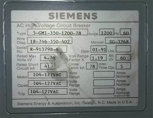 [035453] 1200 Amp, SIEMENS, 5GMI-350-1200-78, 4160 V., 120 VAC CLOSE & TRIP, E/O, D/O:1