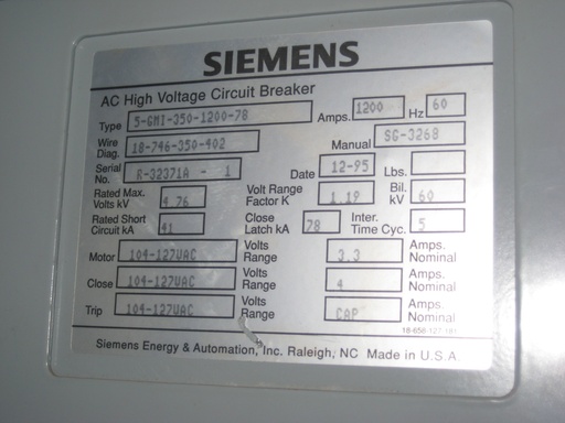 [035454] 1200 Amp, SIEMENS, 5GMI-350-1200-78, 4160 V., 120 VAC CLOSE & TRIP, E/O, D/O:1