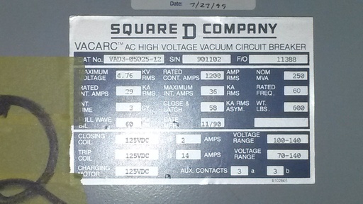 [035476] 1200 Amp, SQUARE D, VAD3-05025-12, 4760 V, E/O, D/O, 125 VDC CLOSE/TRIP