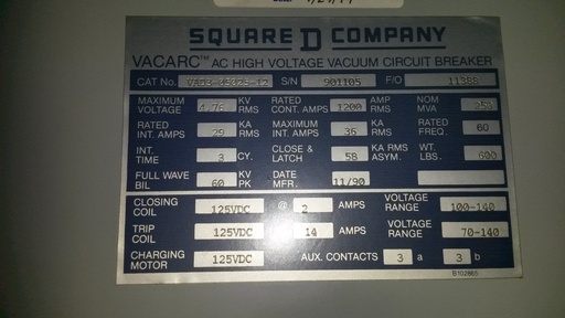 [035477] 1200 Amp, SQUARE D, VAD3-05025-12, 4760 V, E/O, D/O, 125 VDC CLOSE/TRIP