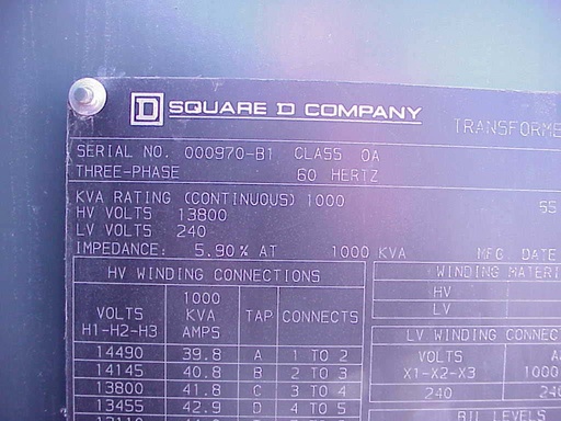 [035650] 1000 KVA, Pri 13800 D, Sec 240 D, SQUARE D, LIVE FRONT, RADIAL FEED:1