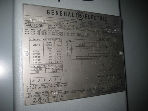[035771] 2500/3335 KVA, Pri 12000 D, Sec 480 D, 1994, GENERAL ELECTRIC, INDOOR, DRY:1
