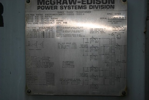 [035816] 36000/48000/60000 KVA, Pri 69000Y/39837, Sec 13200 D, X 13200 D, MCE, GSU